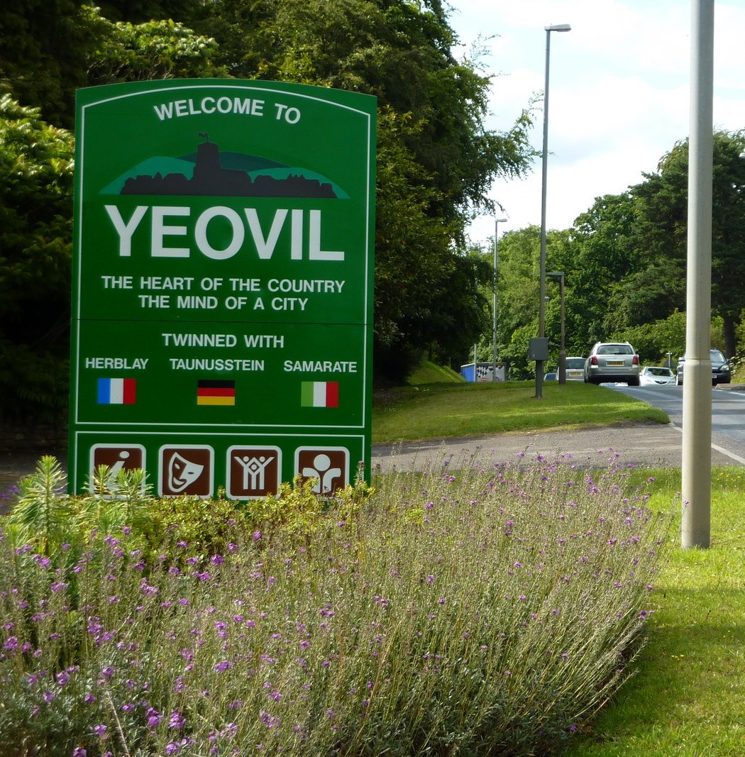The Welcome to Yeovil sign beside the A37 Dorchester Road